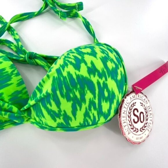 SO Bikini Swimsuit Halter Top Junior Sz XS Neon Animal Print Green Ruched Center - Picture 9 of 13